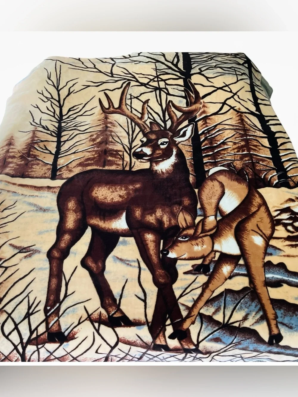 Vintage Heavy Fleece Reversible Deer Buck Woods Blanket Throw Excell Gold XL